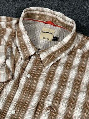 Simms Fishing Shirt Mens 2XL XXL Brown Plaid Pearl Snap Western Long Sleeve Vent